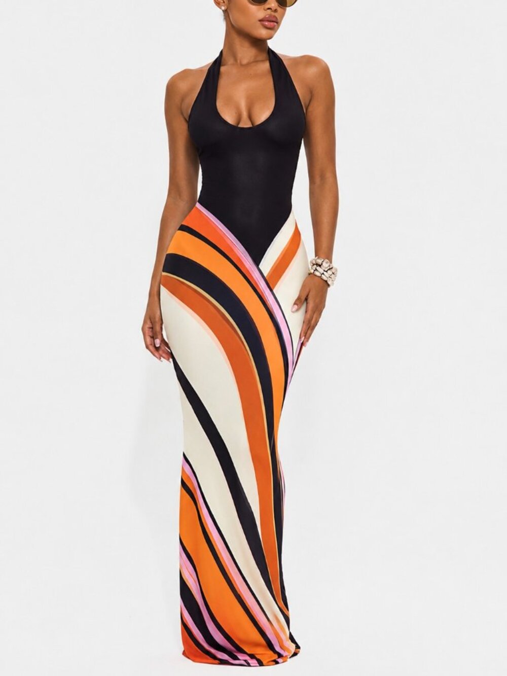 Multi Color Striped Sleeveless Halter Maxi Mermaid Dress